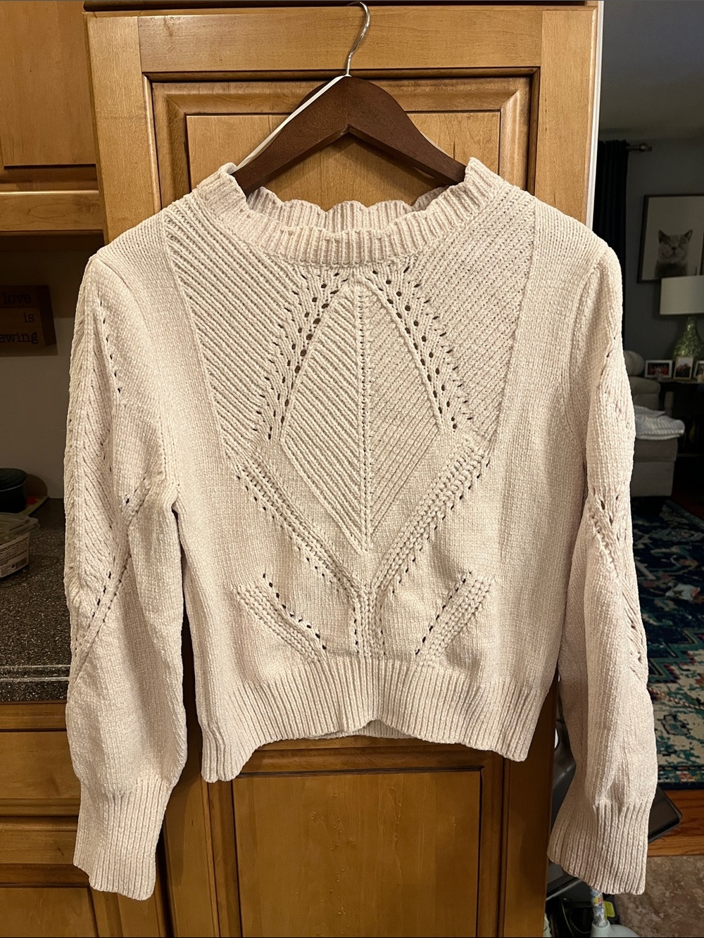 Cynthia Rowley Cream Pointelle Crewneck Sweater with Bubble Sleeves